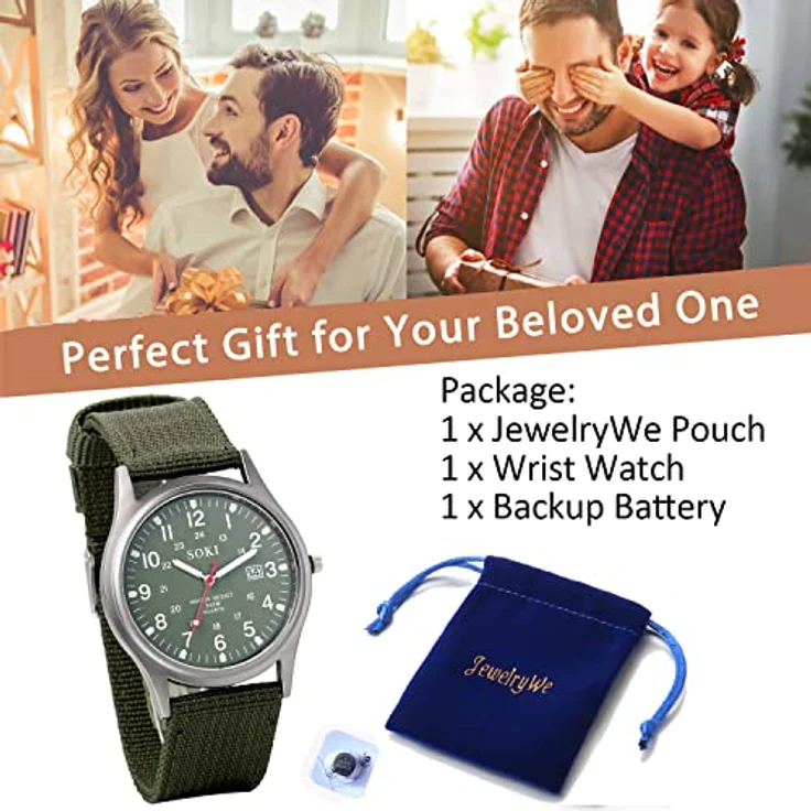 JewelryWe Herren Armbanduhr Militär Design, grüne Quarz Analog Uhr mit Kalender und LED Licht, Canvas Stoff Band – Bild 3