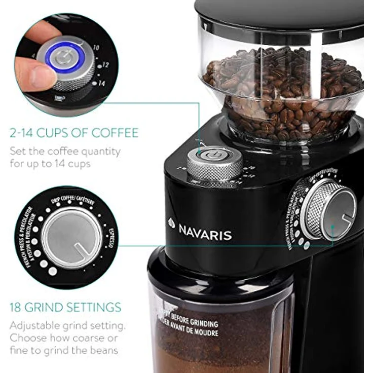 Navaris Kaffeemühle, elektrische Kaffeemühle mit Edelstahl Scheibenmahlwerk - 200W - für bis zu 14 Tassen Kaffee - 18 Mahlgrade - Kaffee Mühle – Bild 4