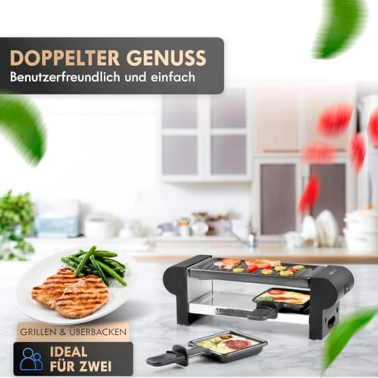 Clatronic RG 3592 2-Personen-Raclette-Grill zum Grillen und Überbacken, Cool-Touch-Gehäuse, 2 Pfännchen, antihaftbeschichtet, schwarz – Bild 6