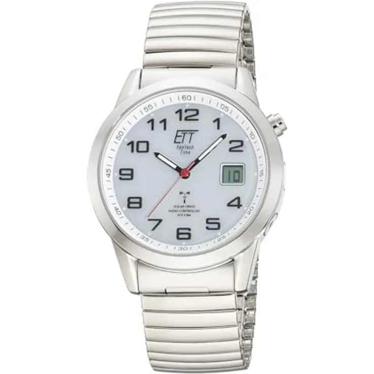 ETT Eco Tech Time EGS-11711-12Z, Herren Solar Funkuhr mit analogem Zifferblatt, Edelstahl Zugband, rotem Sekundenzeiger, wasserdicht bis 5 Bar, digitale Datumsanzeige, bis zu 180 Tage Dunkelgangreserve
