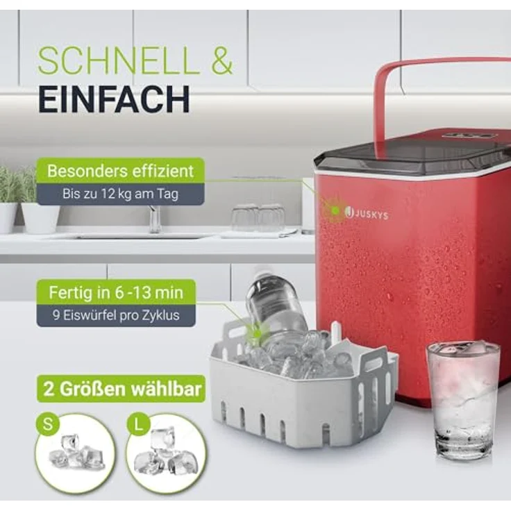 Juskys Eiswürfelmaschine IceOracle - Cocktail Eiswürfel in 6-13 min - Mini Eiswürfelbereiter für 12 kg/Tag - Großer Eiswürfelbehälter - Rot – Bild 3