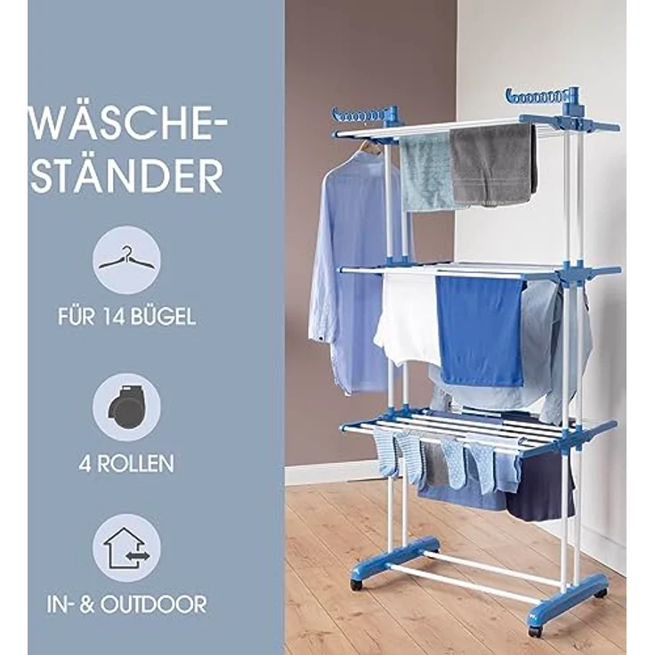 EASYmaxx Klappbarer Wäscheständer | Effizientes Trocknen mit 3 Ebenen & 2 Seitenflügeln | Mobil & Platzsparend für drinnen und draußen, blau – Bild 2