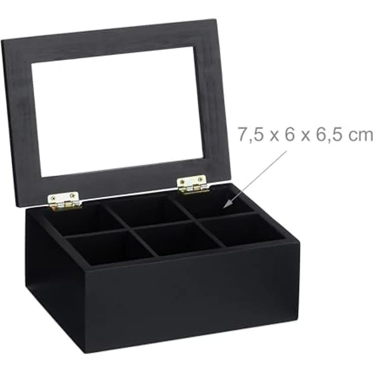 relaxdays Teebox schwarze Teebox aus Bambus, 6 Fächer für Teebeutel, staubgeschützt mit transparentem Fenster – Bild 5