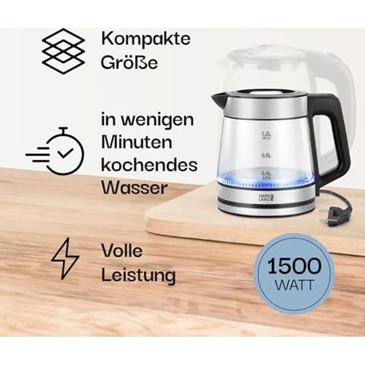 Lebenlang Glas-Wasserkocher 1,2 L, 1500 W – energieeffizient, 360°-Sockel, Edelstahl-Optik, automatische Abschaltung – Bild 3