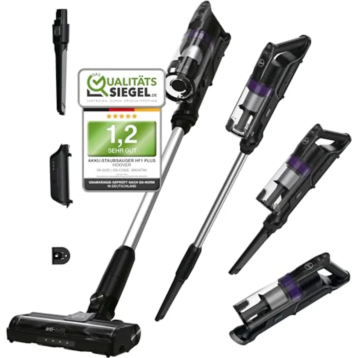 Hoover HF1 Plus, Akku Staubsauger mit Anti-Haarverwicklung, 45min Laufzeit, HEPA-Filter, Parkfunktion, LED-Licht, kabellos für Teppich/Hartböden/Auto