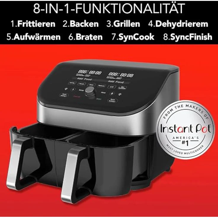Instant Vortex Plus Doppelkorb mit ClearCook - 7.6L Digitale Heißluftfritteuse, Edelstahl, 8-in-1 Smarte Programme - Fritieren, Backen,Braten, Grillen, Dehydrieren, Aufwärmen, XL Kapazität -1700W – Bild 2