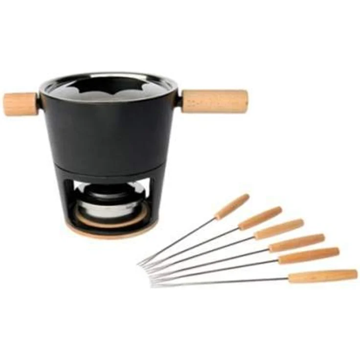 Stöckli 8576.80 Fonduegarnitur, Gusseisen - Robuster induktionsfähiger Topf mit Holzgriffen, geeignet für 6 Personen, schwarz