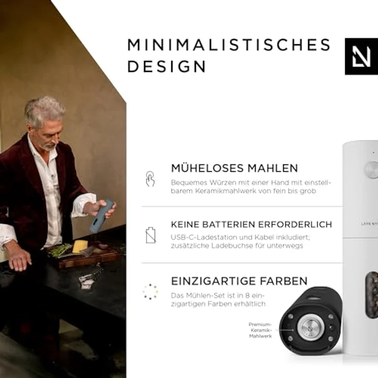 LARS NYSØM Salz und Pfeffer Mühle Elektrisch 2er Set mit einstellbarem Keramik-Mahlwerk von grob bis fein I Design Gewürzmühlenset Automatisch (2 Stück, Black/White) – Bild 2