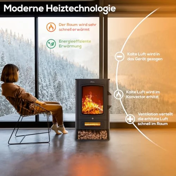 TroniTechnik Heizgerät Elektrokamin Kaminfeuer, LED Flammeneffekt elektrisch 1000/2000 Watt, 2000 W, Standkamin mit Heizung, Thermostat Panorama-Sichtfenster Heizfunktion – Bild 5