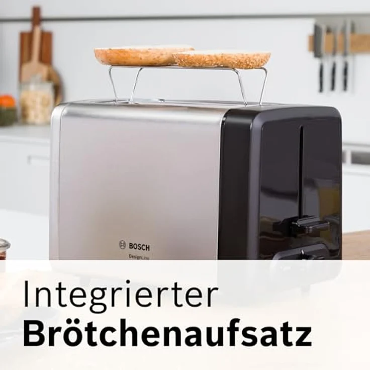 Bosch TAT4P420DE DesignLine Toaster, 970W, Auftau-Aufwärmfunktion, versenkbarer Brötchenaufsatz, Abschaltautomatik, schwarz, silber – Bild 4