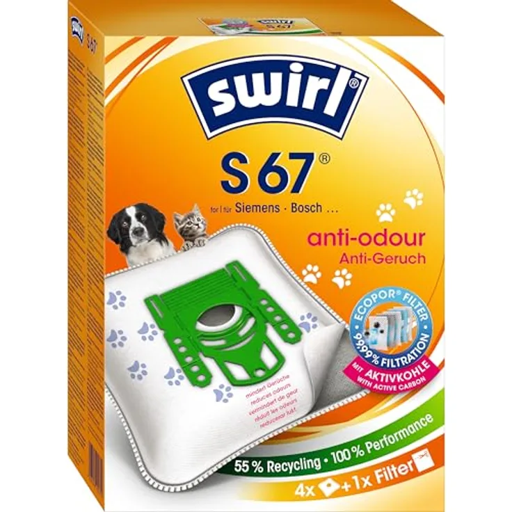 Swirl S 67 EcoPor Anti Odour Staubsaugerbeutel, 4 Stück, mit Aktivkohle für Tierhaushalte