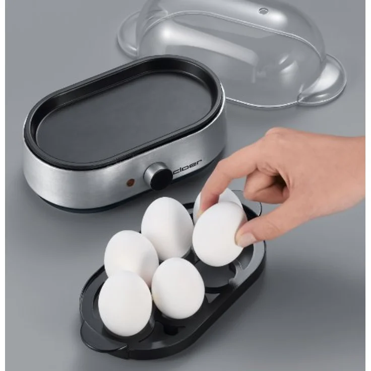 Cloer 6099 Eierkocher mit akustischer Fertigmeldung - 400 W - für 6 Eier - Einsätze für pochierte Eier - antihaftbeschichtete Heizplatte - Aluminiumgehäuse – Bild 5