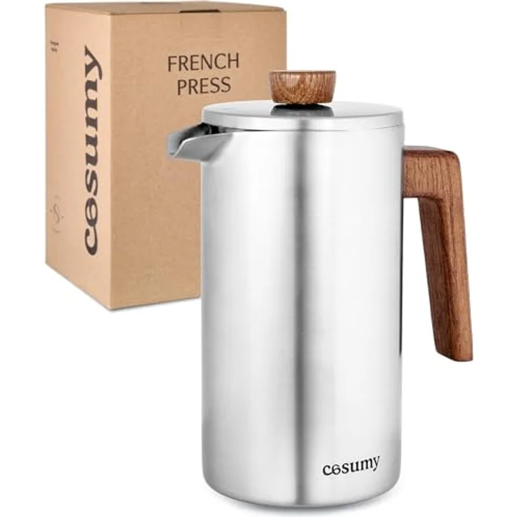 Cosumy French Press aus Edelstahl und FSC Holz - 1 Liter - Doppelwandige Thermo Isolierung - Große Kaffebereiter mit 2 Ersatzfiltern