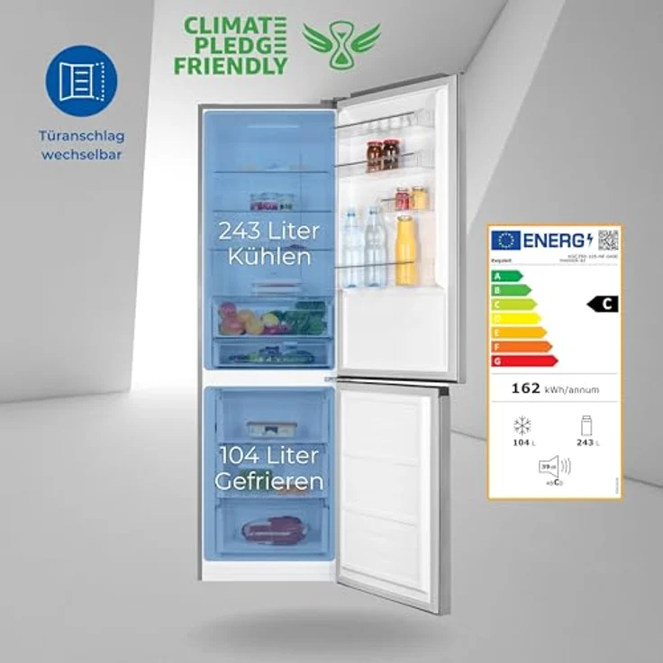 Exquisit KGC350-105-NF-040C inoxlook | 347 L Volumen | Kühl Gefrierkombination No Frost | Türanschlag wechselbar | Kühlgefrierkombination freistehend – Bild 2