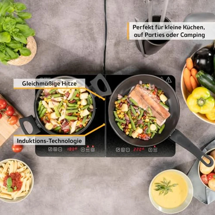 TZS First Austria Induktionskochplatte doppelt, 3500W, 2er Glaskeramik-Herdplatte, 10 Leistungsstufen, Timer, Kindersicherung, LED-Display, Touch-Bedienung, Überhitzungsschutz, schwarz, ideal für Camping und mobile Nutzung – Bild 3