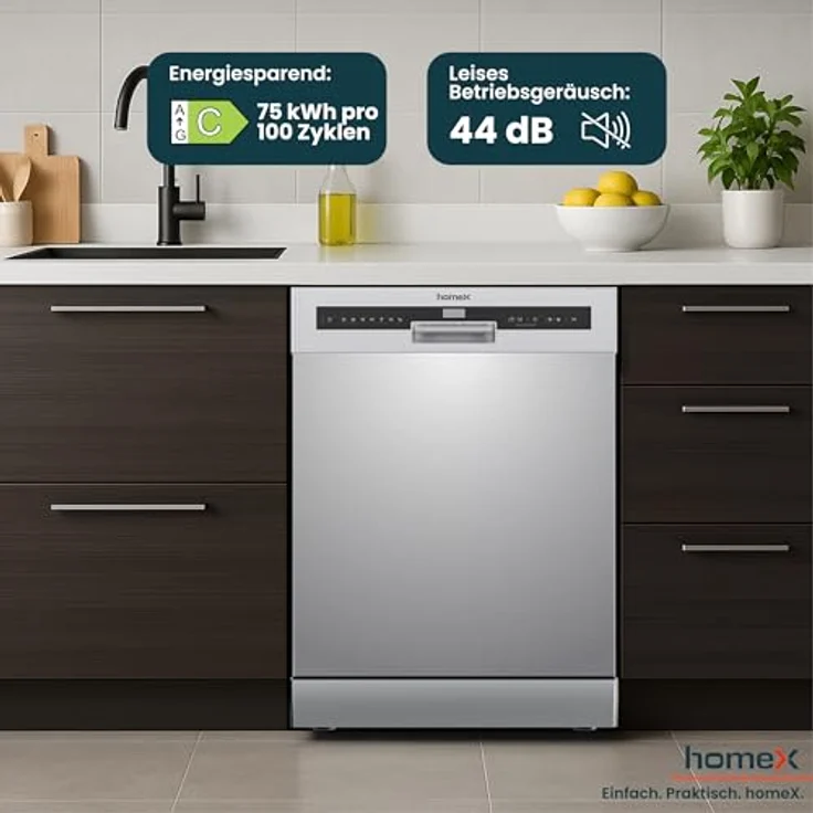 homeX DWFS601444C-S Geschirrspüler 60 cm, freistehend mit 14 Maßgedecken, 7 Programmen, AquaStop, 44 dB, unterbaufähig – Bild 6