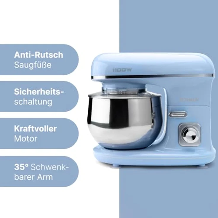 Bomann KM 6030 CB Knetmaschine inkl. transparentem Spritzschutzdeckel mit Nachfüllöffnung, 1100 Watt, 5 Liter, schwenkbarer Multifunktionsarm, blau – Bild 5