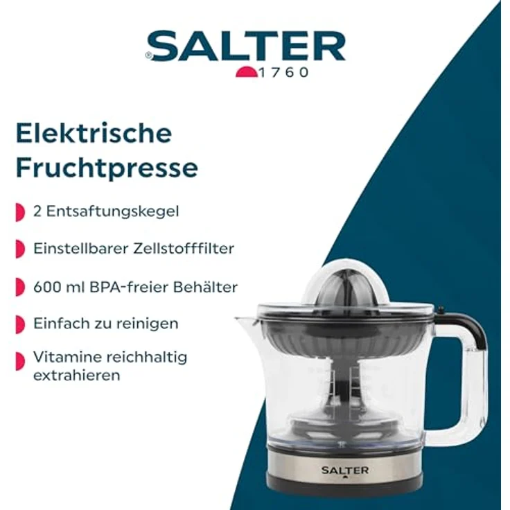 Salter Elektrische Zitruspresse, 600 ml Entsafter mit verstellbarem Fruchtfleischfilter und zwei Presseaufsätzen – Bild 2