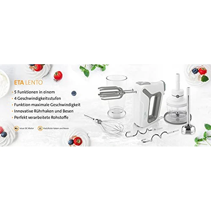 ETA 20519000 Lento Handmixer-Set, 600 Watt, 4 Geschwindigkeitsstufen, inkl. Mix- und Messbecher, Rührbesen, Schlagbesen, Knethaken, Stabmixer- und Zerkleinerer Aufsatz, Kunststoff, weiß, grau – Bild 3