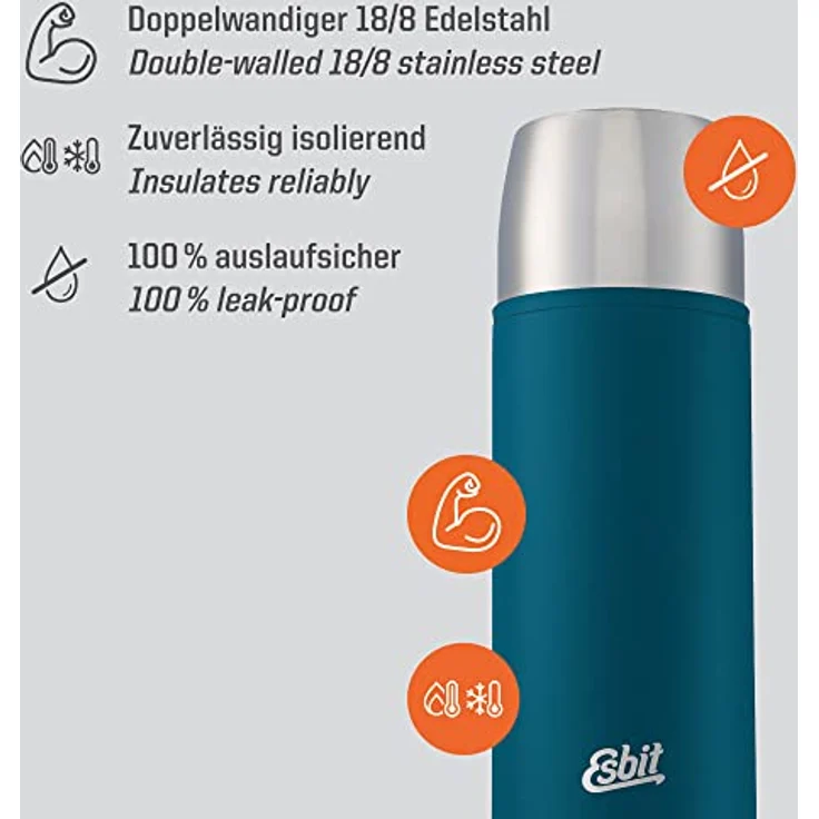 Esbit Edelstahl Isolierflasche Classic 1000 ml in Blau - für warme und kalte Getränke - Edelstahl Thermoflasche mit 2 Bechern – Bild 2