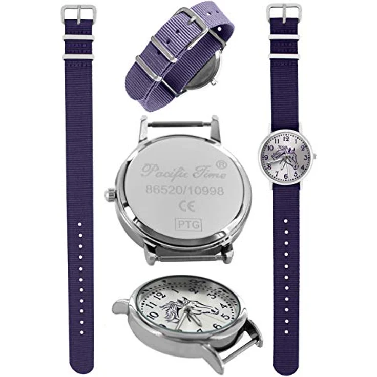 Pacific Time Mädchen Uhr 10302, analoge Quarz-Armbanduhr mit Pferdemotiv, violett, wechselbares Textilarmband 16mm – Bild 3