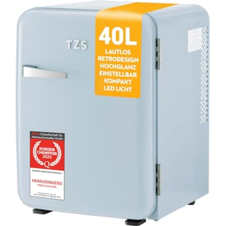 TZS First Austria Retro Mini Kühlschrank 40L, lautlos, Vintage-Design mit Innenbeleuchtung und 2 Türfächern, hellblau – Bild 1