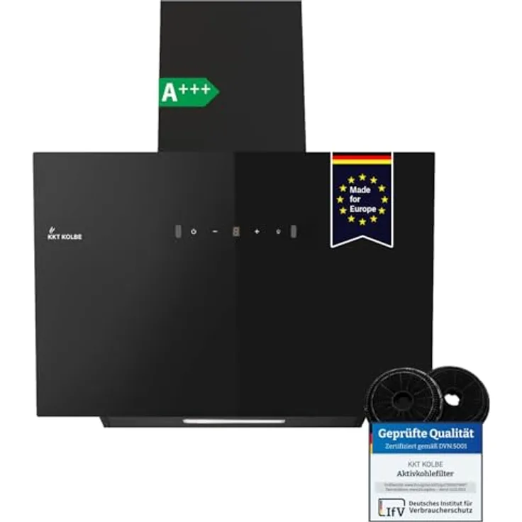 KKT KOLBE BASE6004S Dunstabzugshaube 60 cm, kopffrei, Umluft/Abluft, Schwarz, Glas, Edelstahl, LED-Beleuchtung, Gestensteuerung, SensorTouch, A+++ Energieeffizienz