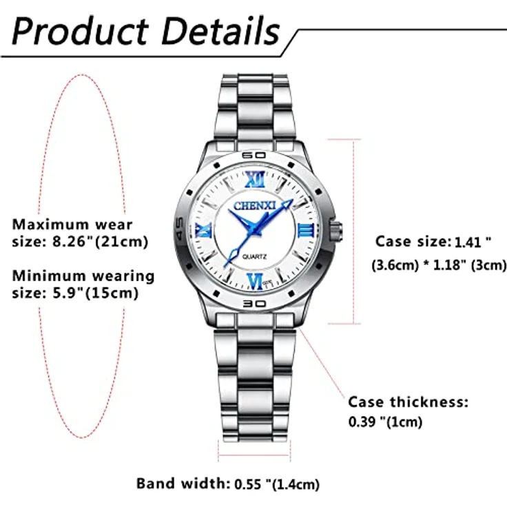 JewelryWe Damen Analog Quarz Uhr, 30M wasserdicht, Edelstahlarmband, römische Ziffern, weiße Leuchtzeiger, inkl. Uhrenwerkzeug – Bild 2