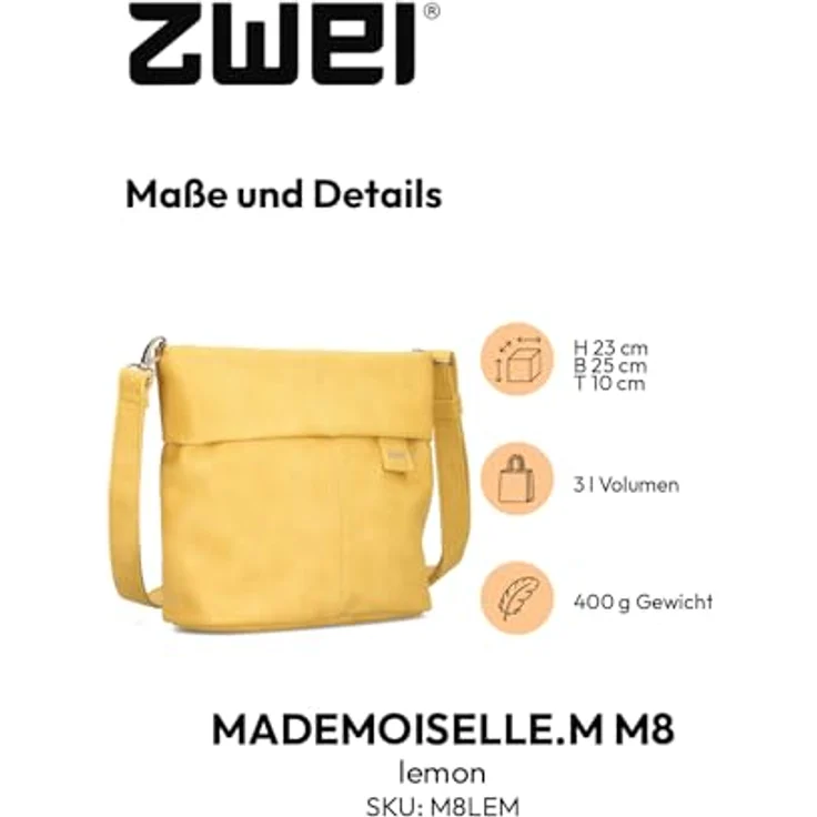 Zwei Mademoiselle.M Schultertasche 25 cm, gelb, 100% Polyurethan, 25 x 10 x 23 cm – Bild 2