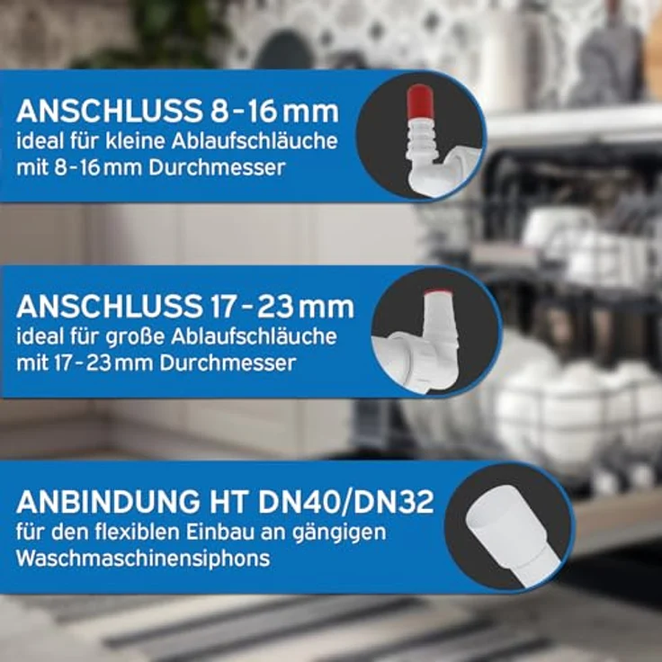 kör4u Doppelanschluss DN40/32, Siphonanschluss mit Rückschlagklappen für Waschmaschine und Geschirrspüler, zwei Schlauchanschlüsse 8-23 mm – Bild 5
