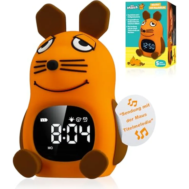 Die Maus DieMaus Lichtwecker für Kinder, nachtlichtfähiger Wecker mit Aufwachlicht und 6 Wecktönen, wiederaufladbar über USB-C, bunt
