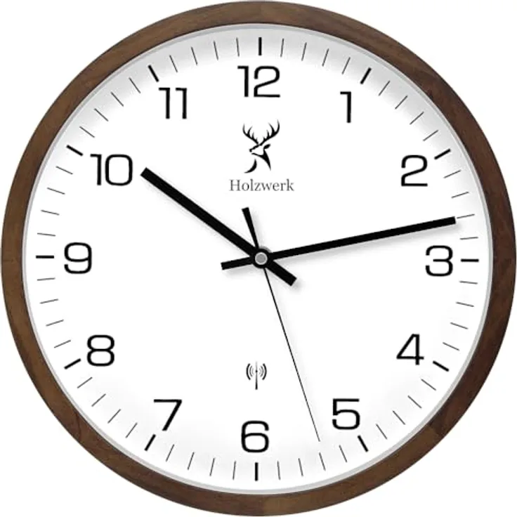 Holzwerk Germany Natur Holz Funkwanduhr Funk Wanduhr Holz-Uhr Vintage Funkuhr lautloses Uhrwerk ohne Tickgeräusche Braun Weiß lautlos aus handgefertigtem Massivholz Natur Holz 30 cm (Funkwerk.Braun)