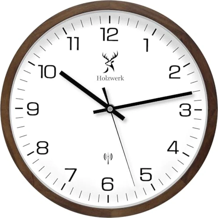 Holzwerk Germany Natur Holz Funkwanduhr Funk Wanduhr Holz-Uhr Vintage Funkuhr lautloses Uhrwerk ohne Tickgeräusche Braun Weiß lautlos aus handgefertigtem Massivholz Natur Holz 30 cm (Funkwerk.Braun) – Bild 1