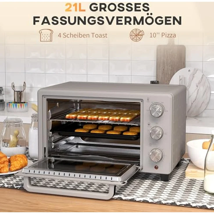 HOMCOM Minibackofen 21L 1400W 60 Min. Timer, Temperaturregelung 100 °C-230 °C, Inklusive Backblech und Drahtgestell, Edelstahl in Silber – Bild 3