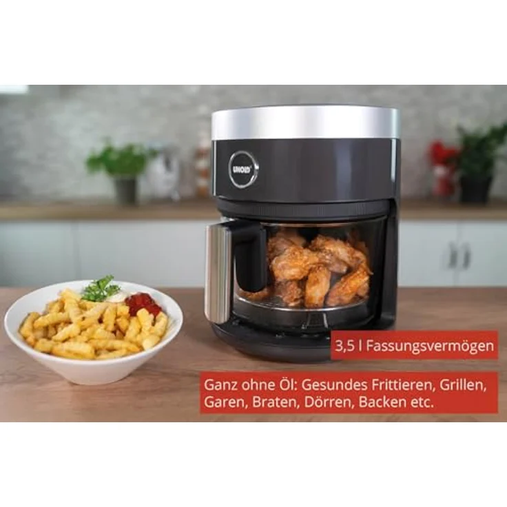Unold 58695 Glas Heißluftfritteuse mit Digitalem LED-Touchscreen und 10 Automatikprogramme für, Grillen, Garen, Braten, Dörren, Backen, Warmhalten, Erhitzen, Auftauen oder Rösten - ganz ohne Öl – Bild 2
