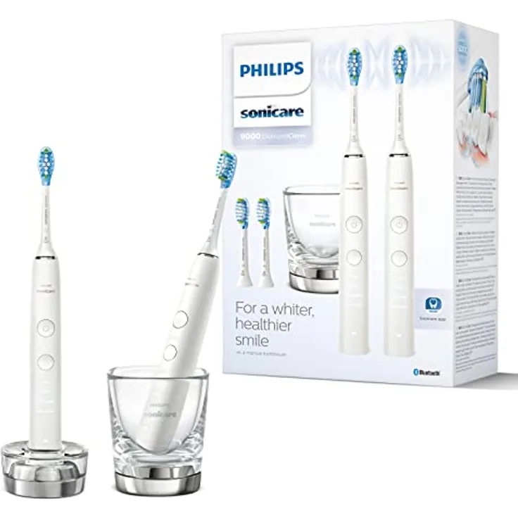 Philips Sonicare DiamondClean 9000 Elektrische Zahnbürste Doppelpack - 2 Schallzahnbürsten, 1 Ladeglas, 4 Premium Bürstenköpfe, neue Generation, weiß, 2 Handstücke (Modell HX9914/62)