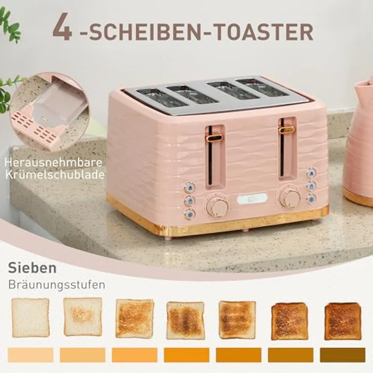 HOMCOM Toaster Frühstück-Set, 1,7L Wasserkocher und 4-Scheiben Toaster, 2200 W, mit Auftau-, Aufwärm- und Krümelfach, Rosa – Bild 4