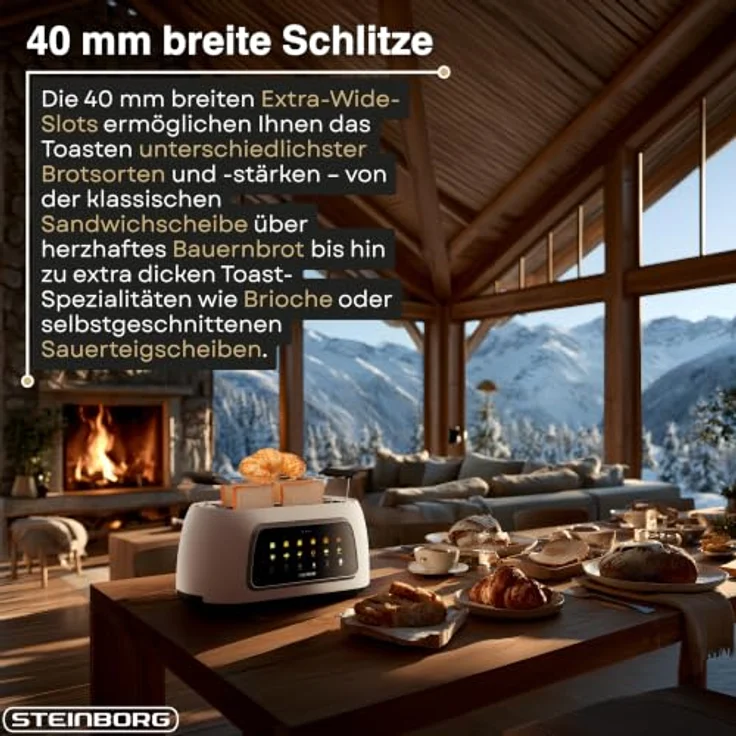 Steinborg XXL 4-Scheiben Toaster Schwarz mit Lift-Funktion, digitalem Display und Brötchenaufsatz, Edelstahl-Design – Bild 6