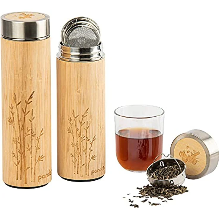 pandoo Bambus Thermobecher - doppelwandige Thermoflasche, Reisebecher, Teebereiter, Teeflasche, Trinkflasche mit Edelstahl Teesieb- BPA-frei - Tea to-go – Bild 1