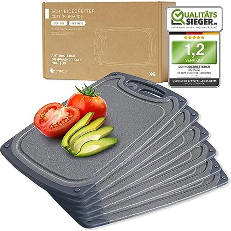 Exitoso Das Original Frühstücksbrettchen 6er Set Schneidebrett, Antibakteriell grau schwarz Kunststoff 25x15cm mit Saftrille, Spülmaschinenfest, rutschfest - Klein – Bild 1
