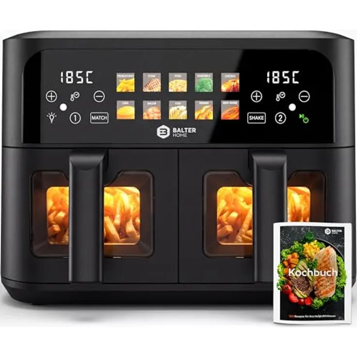 Balter Heißluftfritteuse HL-901, 2 Kammern mit Sichtfenster, 9L (2x4,5L), 2400W, 10 Programme, Dual Zone & Sync Finish, Rezeptheft