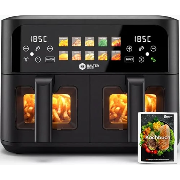 Balter Heißluftfritteuse HL-901, 2 Kammern mit Sichtfenster, 9L (2x4,5L), 2400W, 10 Programme, Dual Zone & Sync Finish, Rezeptheft – Bild 1