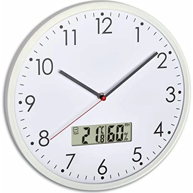 TFA Dostmann Analoge Wanduhr mit digitalem Thermometer und Hygrometer, zur Raumklimakontrolle, Glas, Weiß, Ø 302 x H 47 mm – Bild 1