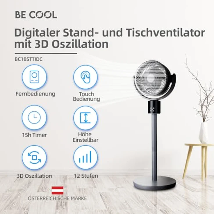 Be Cool Digitaler Stand- und Tischventilator 26cm – DC Inverter Motor, 50 Watt, 12 Stufen, 3 Windmodi, 3D-Osszilation, Höhe einstellbar: 66/95 cm, 15 Std. Timer, LED-Anzeige, Fernbedienung, grau – Bild 2