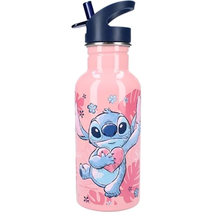 Lilo & Stitch Trinkflasche, Edelstahl Trinkbecher mit Strohhalm, 500ml, rosa mit Stitch-Motiv