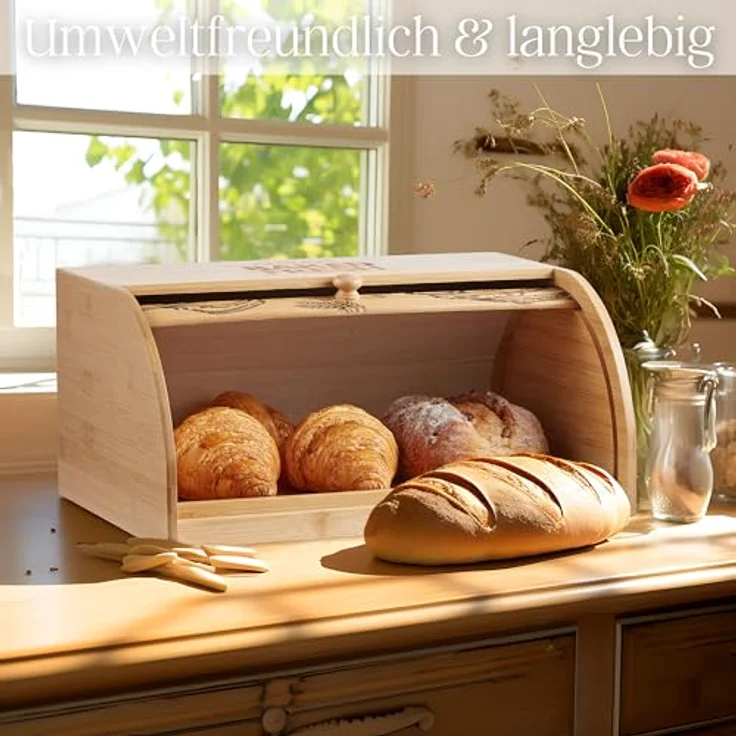 ecosa Brotbox aus nachhaltigem Bambus mit Rolldeckel - Umweltfreundlich, langlebig, mit herausnehmbarer Krümelschublade - ecosa - Brotkasten Vorratsdose für Brot (Braun) – Bild 3