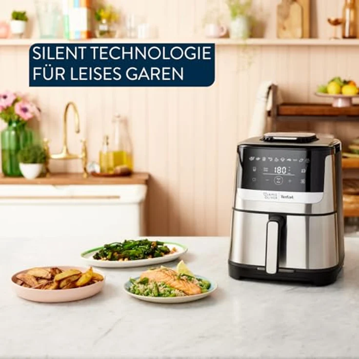 Tefal Jamie Oliver Easy Fry Silence Deluxe Heißluftfritteuse, 5 l, digitaler Touchscreen, 10 Programme, schwarz/Edelstahl, inkl. Druckguss-Gitterrost + Deckel – Bild 3