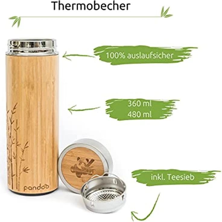 pandoo Bambus Thermobecher - doppelwandige Thermoflasche, Reisebecher, Teebereiter, Teeflasche, Trinkflasche mit Edelstahl Teesieb- BPA-frei - Tea to-go – Bild 4