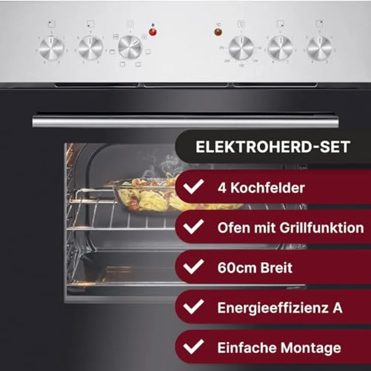 Bomann EHBC 7935 IX, Einbaubackofen mit Ceranfeld, 61L, 50°C-250°C, Grill & Ober-/Unterhitze, 4 Kochfelder, 60cm, 3-fach verglaste Glastür, Inox – Bild 2