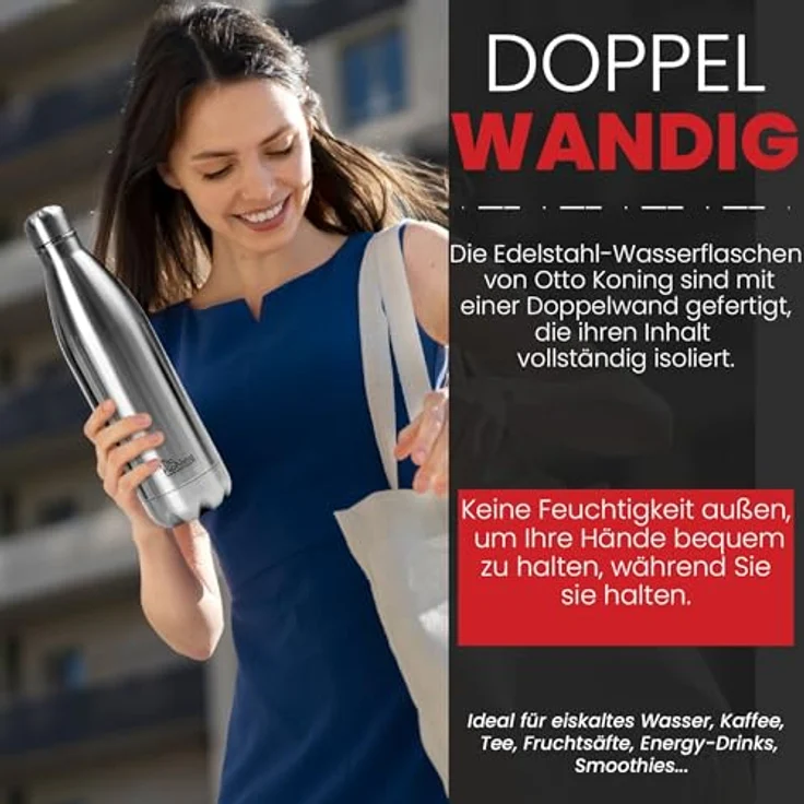 Otto Koning Edelstahl Trinkflasche 1 Liter – Vakuumisolierte, auslaufsichere Metall-Sportflasche für Büro, Outdoor und Reisen – BPA-frei, robust – Bild 5